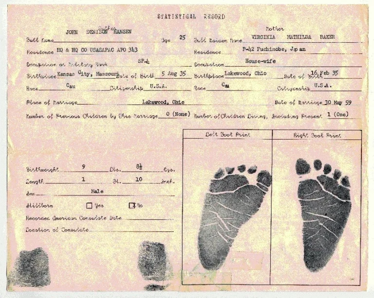 Birth certificate image with baby's footprints