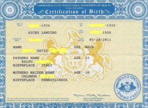 Birth Certificate example of parent from Italy