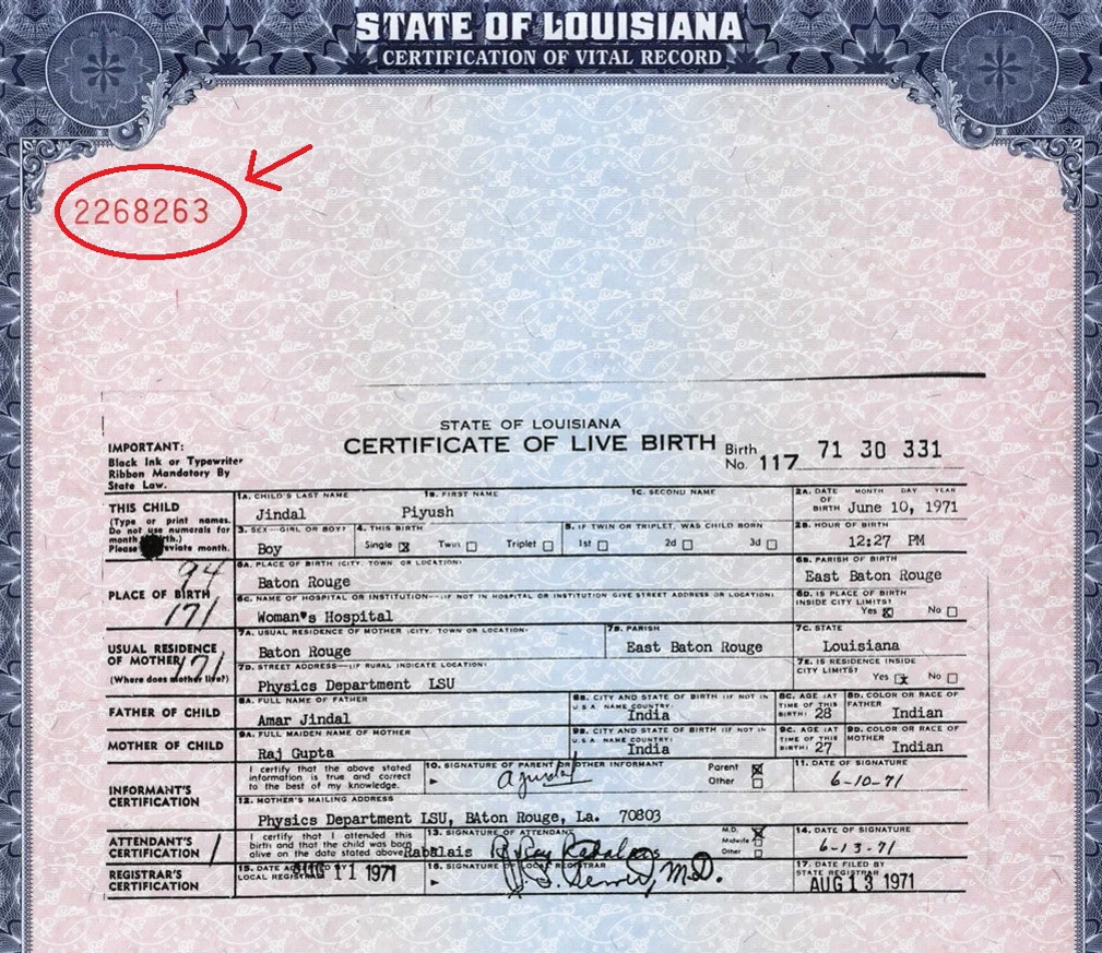 Jindal birth certificate Louisiana with number